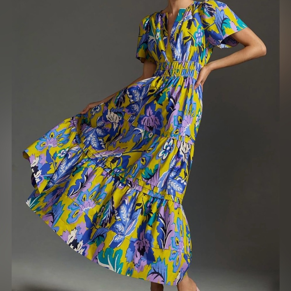 Floral Tiered Midi Dress in Yellow and Purple